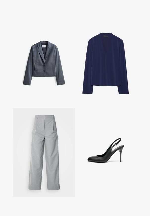 Donkergrijze, geknipte blazer gemaakt van soepel materiaal met gespiegelde revers, sluiting met twee knopen en zijzakken. Eenvoudig ontwerp, minimale accenten.; Marineblauw long-sleeve shirt met een diepe V-hals en zachte, gladde stof. Het ontwerp heeft een relaxte pasvorm met minimale naden en geen patronen.; Grijze wijde broek van gestructureerde stof, met een hoge taille, plooien aan de voorkant en een rechte pasvorm naar de zoom.; Zwarte leren slingback pump met een spitse neus, dunne stiletto hak en verstelbare band. Glad textuur en minimalistisch ontwerp.