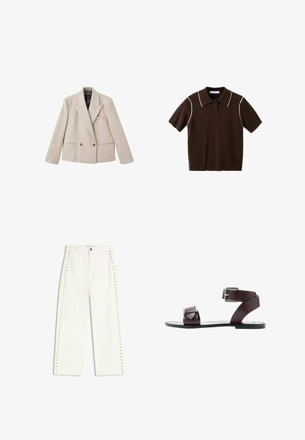Beige dobbeltbrystet blazer med en notch-lapel, vertikal stribet mønster, to forlommer og brune knapper. Struktureret stoffinish.; Brun kortærmet poloshirt med hvide kantninger langs kraven og skuldersømmene, med to knapper på stolpen.; Hvide bukser med lige ben og sølvfarvede slidsehuller langs yder- sømmene, forlommer og knaplukning i taljen.; Flad brun lædersandal med to justerbare sølvspænder, en over tæerne og en rundt om anklen, på sort sål med hvid syning.