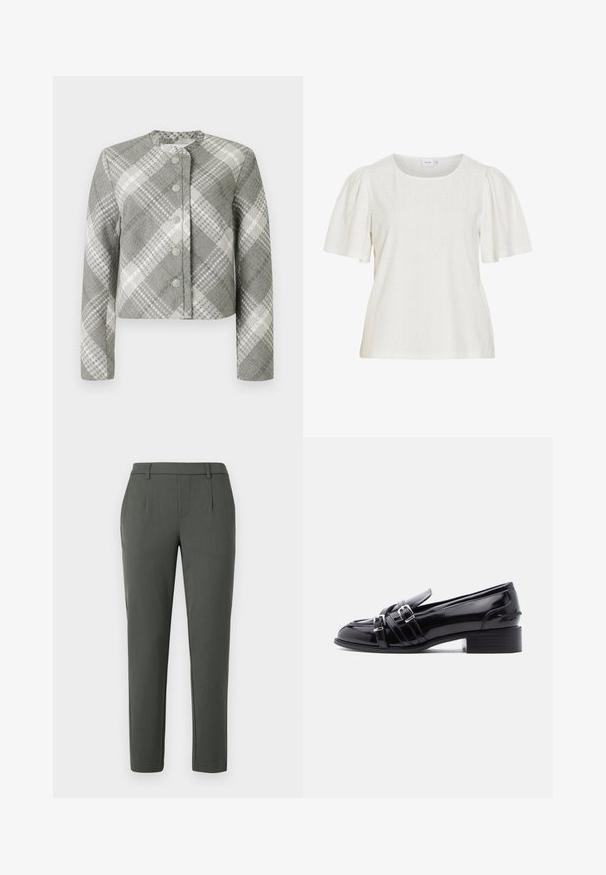 Veste courte à motif à carreaux gris et blanc, avec un col rond, des manches longues et cinq boutons décoratifs à l'avant.; Blouse blanche à manches courtes avec manches bouffantes, col rond et motif texturé à pois subtils.; Pantalon vert foncé avec une coupe ajustée, doté de deux poches latérales, d'une braguette zippée et de détails de pli pour un design structuré.; Mocassin en cuir verni noir avec deux boucles argentées, petit talon bloc et bout arrondi, vu de profil droit sur fond blanc.