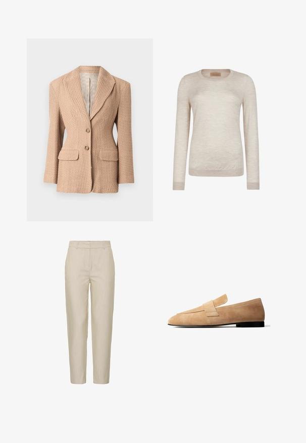 Beige, tekstureret blazer med et vævet mønster, knækket revers, to forlommer og to knapper. Fóret indvendigt i en lys farve.; Langærmet crewneck-trøje i lysebeige, lavet af fint strikket stof med ribstrikkede manchetter og kant.; Beige bukser lavet af letvægtsstof, med en skræddersyet design, flad front og sidelommer; glat tekstur med subtile striber.; Lysebrun ruskindsløs loafer med en lav sort hæl og en bred remdetalje tværs over toppen, vist i sideprofil på hvid baggrund.