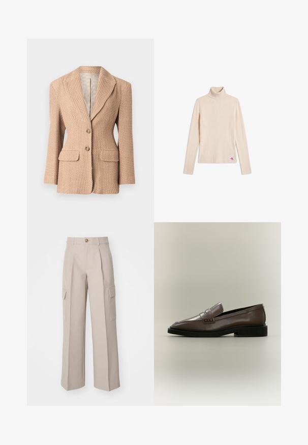 Beiger, strukturiertes Blazer mit einem gewebten Muster, mit Reverskragen, zwei vorderen Taschen und zwei Knöpfen. Innenfutter in heller Farbe.; Beiger gerippter Langarm-Rollkragenpullover mit kleinem Logo-Patch nahe dem unteren Saum auf weißem Hintergrund.; Beige weite Stoffhosen mit vorderen Falten und zwei seitlichen Cargo-Taschen. Mit einem vorderen Knopfverschluss.; Brauner Leder-Slipper mit schwarzer Sohle und niedrigem Absatz, mit einem Riemendetail über dem Spann.