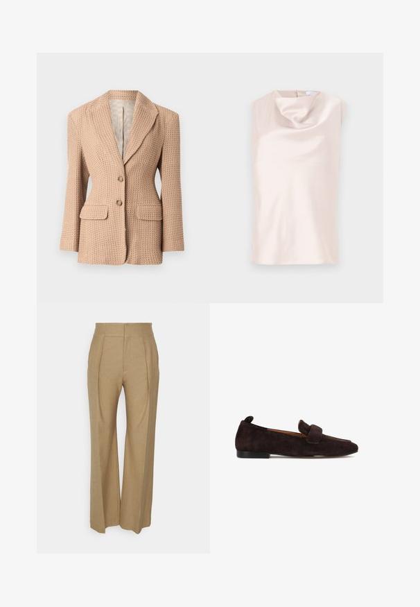 Beige, tekstureret blazer med et vævet mønster, knækket revers, to forlommer og to knapper. Fóret indvendigt i en lys farve.; Ærmeløs top i silkelignende stof i blød beige med en draperet cowl-halsudskæring. Har en diskret lynlås bagpå og en glat, blank tekstur.; Beige bredde bukser lavet af tekstureret stof, med frontplisser og høj talje. Ingen synlige lommer eller udsmykninger.; Mørkebrune ruskind loafers med lav hæl, rundet tå og stroplignende detalje på oversiden, vist mod en hvid baggrund.
