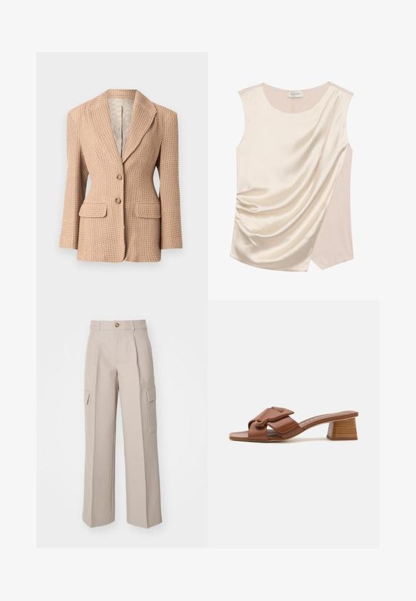 Beige, tekstureret blazer med et vævet mønster, knækket revers, to forlommer og to knapper. Fóret indvendigt i en lys farve.; Sømløs top i creme satin med draperet design, der har en glat tekstur og et kontrasterende panel i en lysere nuance på siden.; Beige brede bukser lavet af stof, med frontfolder og to sidecargo-lommer. Indeholder en frontknaplukning.; Brune læder open-toe mules med krydsende stropdesign, der har en mellemstor træblokhæl og en glat overflade.