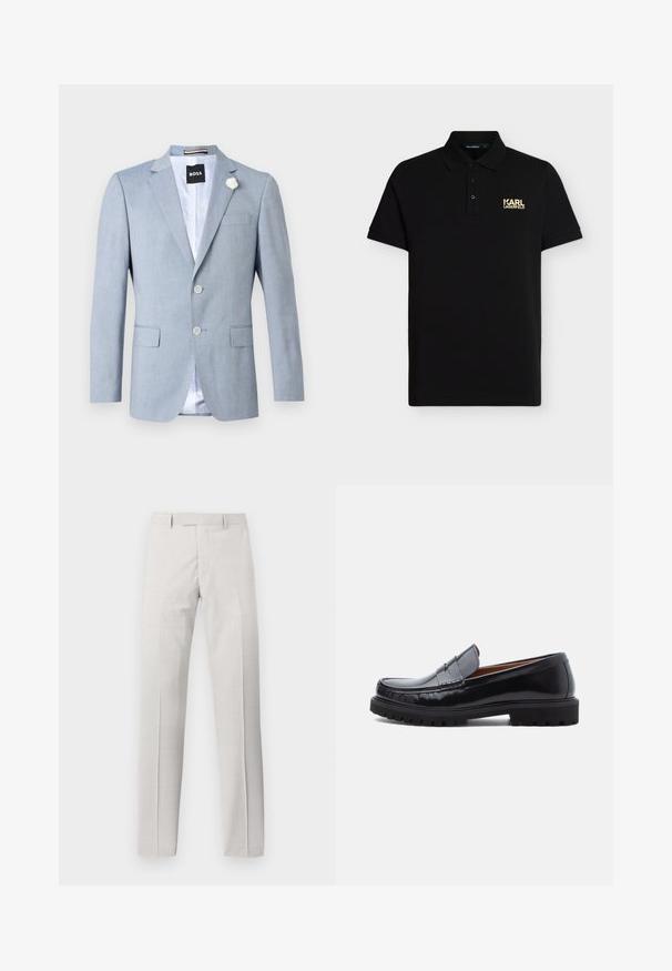 Blazer bleu clair pour homme avec col à revers cranté, deux poches avant à rabat, deux boutons, épingle fleur blanche et étiquette BOSS à l’intérieur du col.; Polo noir à manches courtes avec col, patte à trois boutons et petit logo doré "KARL LAGERFELD" sur la poitrine gauche.; Pantalon gris clair en tissu lisse, présentant une coupe slim, des jambes droites et une texture subtile sans motifs ni éléments visibles.; Mocassin penny en cuir noir avec semelle en caoutchouc épaisse et couture moc toe, montré de profil sur un fond blanc.