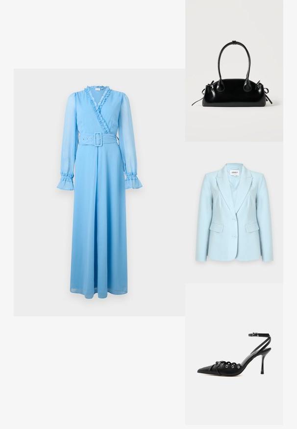 Blazer bleu clair pour femme avec deux boutons, revers crantés et poches à rabat, étiquette "ONLY" à l'intérieur du col.; Robe longue bleu clair à manches longues avec décolleté en V à volants, manches transparentes, poignets à volants et ceinture large assortie avec boucle rectangulaire.; Chaussure à talon haut noire à bout pointu, bords festonnés, œillets métalliques, lacets à l'avant et bride de cheville avec fermeture à boucle.; Petit sac à main noir brillant avec deux longues anses et des détails à cordon sur les côtés sur un fond clair uni.