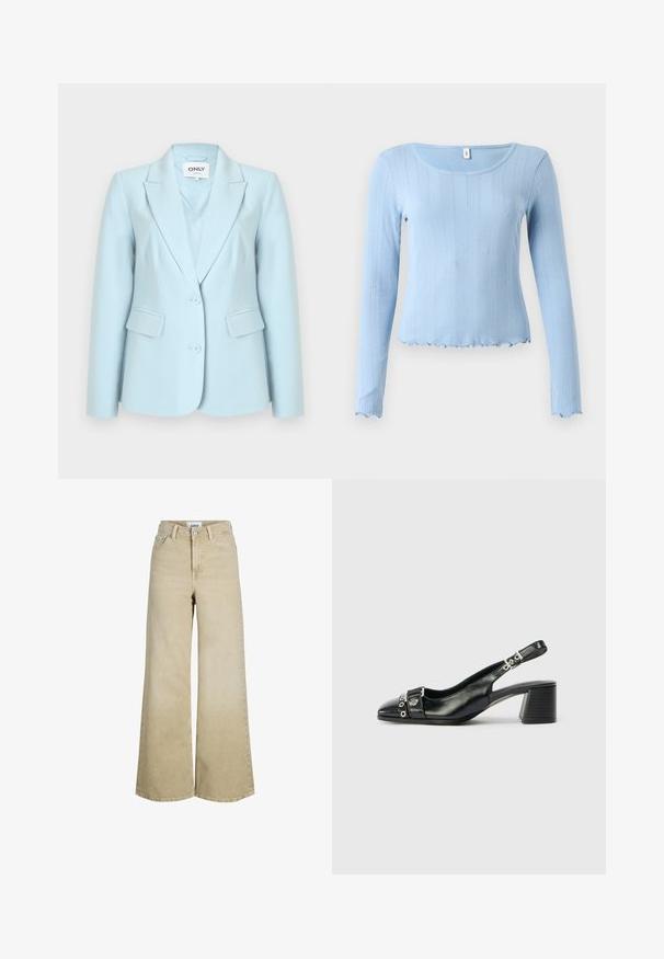 Blazer bleu clair pour femme avec deux boutons, revers crantés et poches à rabat, étiquette "ONLY" à l'intérieur du col.; Haut à manches longues bleu clair côtelé avec un col en arrondi et un ourlet ondulé. Fabriqué dans un matériau doux, présentant un motif texturé subtil.; Jean beige à taille haute et jambes larges, avec bouton et fermeture éclair à l'avant, passants pour ceinture et poches avant.; Sandale à talon en cuir noir avec un bout pointu, une sangle texturée ornée d'accents métalliques circulaires et un talon empilé.