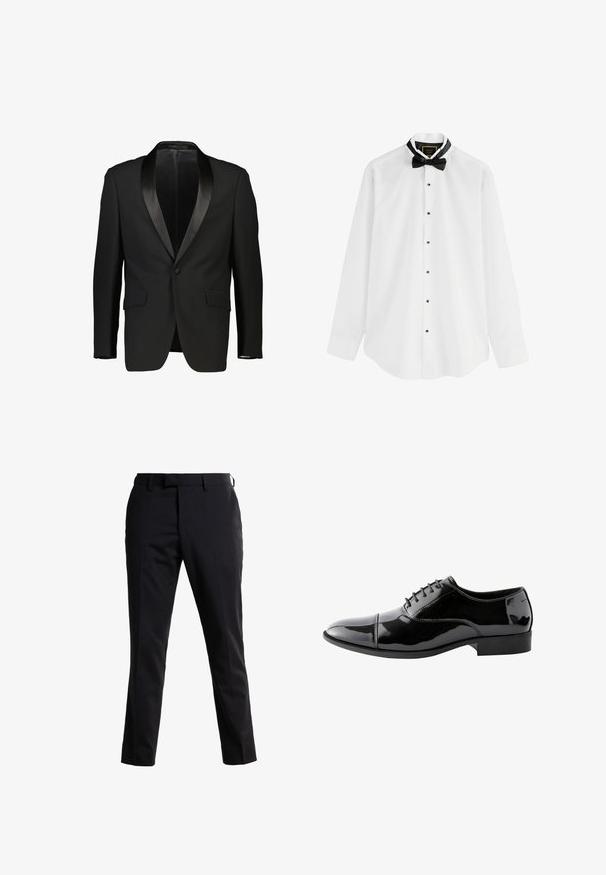 Zwarte tuxedo-jas met een satijnen sjalkraag, enkelvoudige knoopsluiting en twee voorzakken. Glad materiaal met een getailleerde pasvorm. Geen voering zichtbaar.; Witte langemouwige dressshirt met zwarte knopen en een zwarte vlinderdas. Heeft een zwarte kraagvoering en een gebogen zoomontwerp.; Zwarte op maat gemaakte broek met een rechte pasvorm, gemaakt van een gladde stof. Heeft een vlakke voorkant, riemlussen en een strakke snit voor een verzorgd uiterlijk.; Zwarte glanzende leren oxfordschoen met cap toe, gesloten vetersluiting en lage hak, getoond in zijprofiel op witte achtergrond.