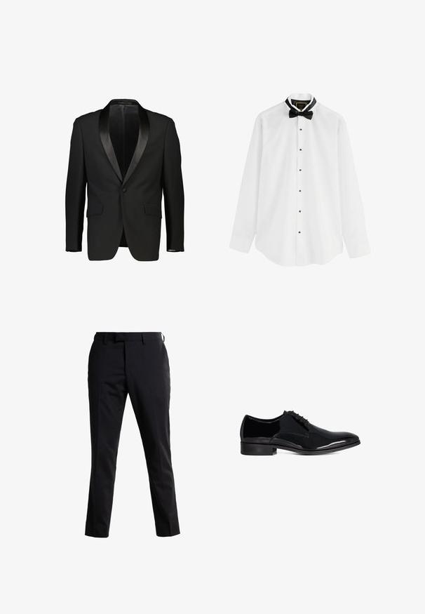 Zwarte tuxedo-jas met een satijnen sjalkraag, enkelvoudige knoopsluiting en twee voorzakken. Glad materiaal met een getailleerde pasvorm. Geen voering zichtbaar.; Witte langemouwige dressshirt met zwarte knopen en een zwarte vlinderdas. Heeft een zwarte kraagvoering en een gebogen zoomontwerp.; Zwarte op maat gemaakte broek met een rechte pasvorm, gemaakt van een gladde stof. Heeft een vlakke voorkant, riemlussen en een strakke snit voor een verzorgd uiterlijk.; Zwarte glanzende leren herenschoenen met veters en lage hak, zijaanzicht op een witte achtergrond.