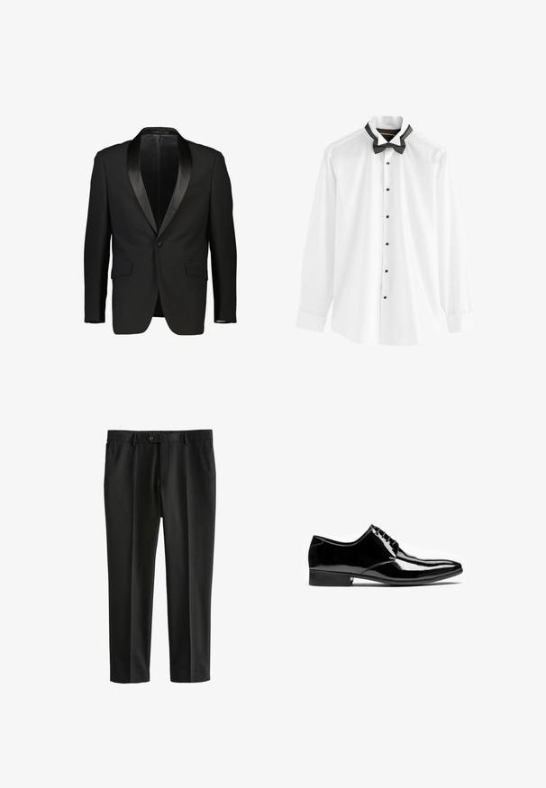 Zwarte tuxedo-jas met een satijnen sjalkraag, enkelvoudige knoopsluiting en twee voorzakken. Glad materiaal met een getailleerde pasvorm. Geen voering zichtbaar.; Witte overhemdbloes met zwarte knopen, lange mouwen en een vaste zwarte strik. Gladde stof en een klassieke kraagontwerp.; Zwarte dresspants van gladde stof, met een rechte pijp ontwerp, voorpliesses, standaard tailleband en een enkele knoopsluiting.; Zwarte glanzende leren formele herenschoen met veters, spitse neus en lage gestapelde hak op witte achtergrond.