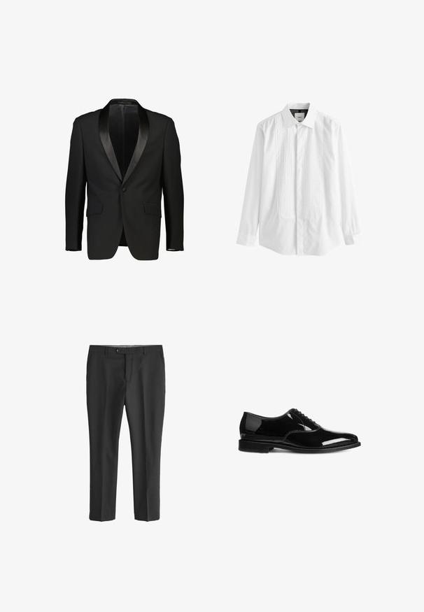 Zwarte tuxedo-jas met een satijnen sjalkraag, enkelvoudige knoopsluiting en twee voorzakken. Glad materiaal met een getailleerde pasvorm. Geen voering zichtbaar.; Witte blouse met knopen, voorzien van een geplooide voorzijde, kraag en lange mouwen, gemaakt van soepele katoenen stof.; Zwarte broeken van lichtgewicht stof, met een rechte pasvorm, knoopsluiting en voortassen. Vloeiende textuur zonder patronen.; Zwarte patenten leren schoenen met een gladde afwerking, vetersluiting, ronde neus en een lage, effen zwarte zool. Minimalistische stikdetails.
