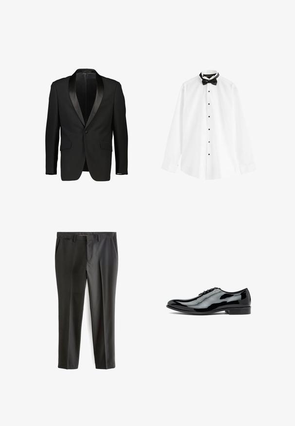 Zwarte tuxedo-jas met een satijnen sjalkraag, enkelvoudige knoopsluiting en twee voorzakken. Glad materiaal met een getailleerde pasvorm. Geen voering zichtbaar.; Wit overhemd met lange mouwen met zwarte knopen en een voorgestrikte zwarte vlinderdas op een witte achtergrond.; Zwarte op maat gemaakte broeken van een gladde stof, met een rechte snit, zijzakken en ceintuurlussen. Voorzien van persvouwen langs het been.; Zwarte leren jurk schoen met een glanzende afwerking, een afgeronde neus, vijf veterogen en een lage hak. Gladde textuur en minimalistisch ontwerp.