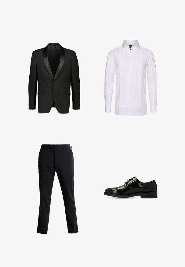 Zwarte tuxedo-jas met een satijnen sjalkraag, enkelvoudige knoopsluiting en twee voorzakken. Glad materiaal met een getailleerde pasvorm. Geen voering zichtbaar.; Witte blouse met lange mouwen van katoen, met een geplooide voorkant, klassieke kraag en knoopmanchetten. Glad oppervlak zonder zichtbare patronen.; Zwarte op maat gemaakte broek met een rechte pasvorm, gemaakt van een gladde stof. Heeft een vlakke voorkant, riemlussen en een strakke snit voor een verzorgd uiterlijk.; Zwarte leren nette schoen met een glanzende afwerking, ronde neus en veters aan de voorkant. Heeft een vlakke zool en een minimalistisch ontwerp.