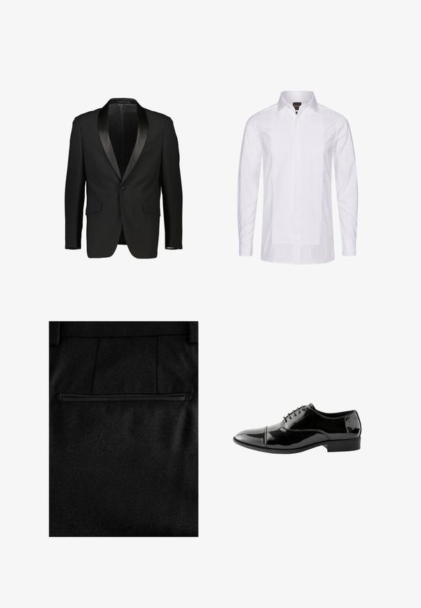 Zwarte tuxedo-jas met een satijnen sjalkraag, enkelvoudige knoopsluiting en twee voorzakken. Glad materiaal met een getailleerde pasvorm. Geen voering zichtbaar.; Witte blouse met lange mouwen van katoen, met een geplooide voorkant, klassieke kraag en knoopmanchetten. Glad oppervlak zonder zichtbare patronen.; Zwarte stoffen broek met een soepele textuur, een enkele met rits sluitbare achterzak en op maat gemaakte stiksels voor een aansluitende look.; Zwarte lakleren schoenen met een ronde neus, vetersluiting, subtiele stikdetails en een lage rubberen zool.
