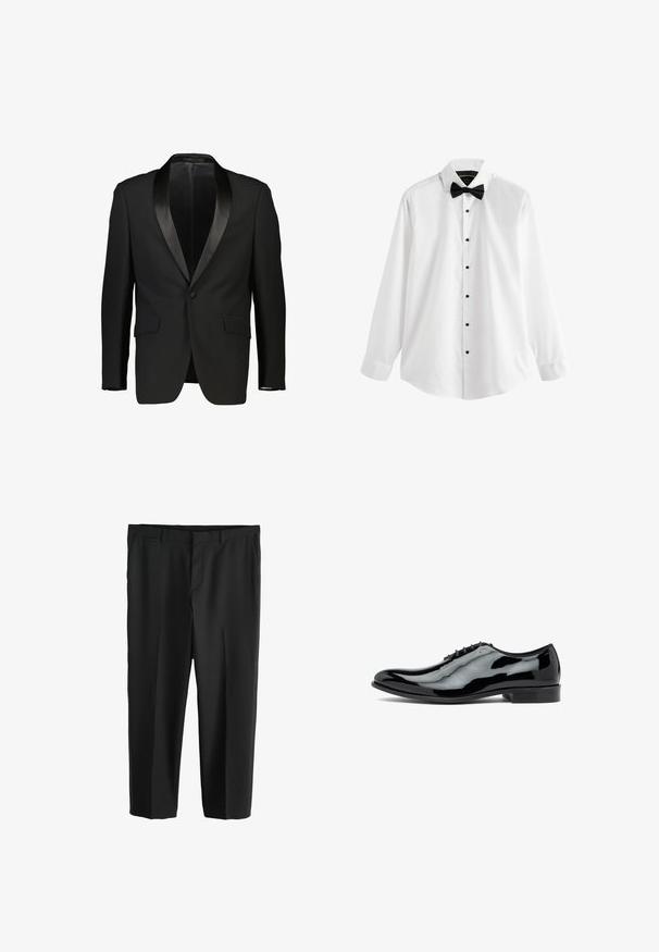 Zwarte tuxedo-jas met een satijnen sjalkraag, enkelvoudige knoopsluiting en twee voorzakken. Glad materiaal met een getailleerde pasvorm. Geen voering zichtbaar.; Wit overhemd met lange mouwen met zwarte knopen en een zwarte strik, weergegeven op een effen witte achtergrond.; Zwarte broek met een gladde textuur, recht gesneden ontwerp en voorzakken. Heeft een platte voorkant en een subtiele plooi langs de benen.; Zwarte leren jurk schoen met een glanzende afwerking, een afgeronde neus, vijf veterogen en een lage hak. Gladde textuur en minimalistisch ontwerp.