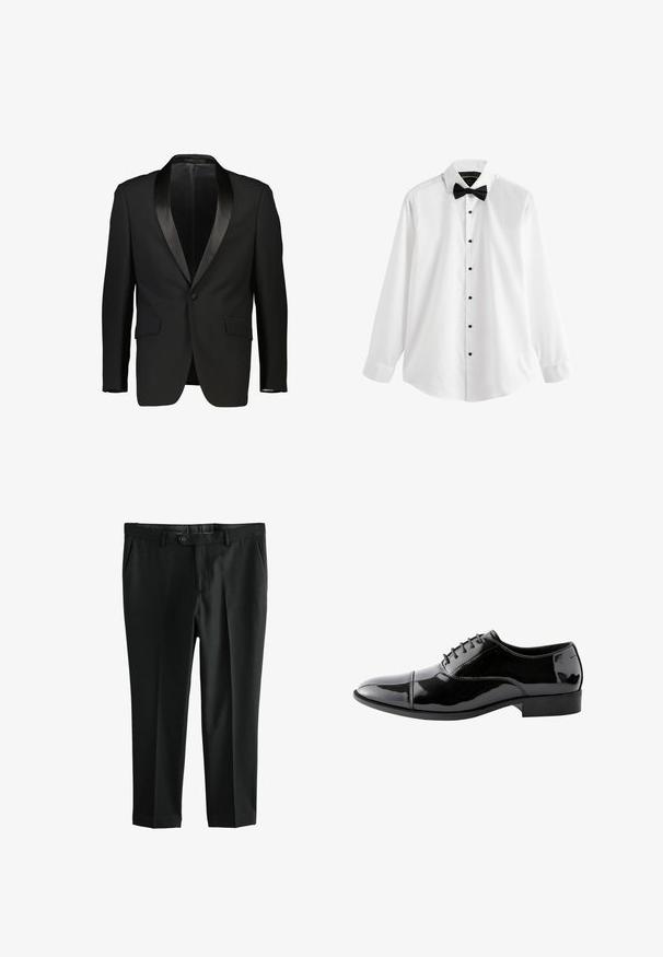 Zwarte tuxedo-jas met een satijnen sjalkraag, enkelvoudige knoopsluiting en twee voorzakken. Glad materiaal met een getailleerde pasvorm. Geen voering zichtbaar.; Wit overhemd met lange mouwen met zwarte knopen en een zwarte strik, weergegeven op een effen witte achtergrond.; Zwarte formele broek met knoop- en ritssluiting, voorzakken en riemlussen op een witte achtergrond.; Zwarte glanzende leren oxfordschoen met cap toe, gesloten vetersluiting en lage hak, getoond in zijprofiel op witte achtergrond.