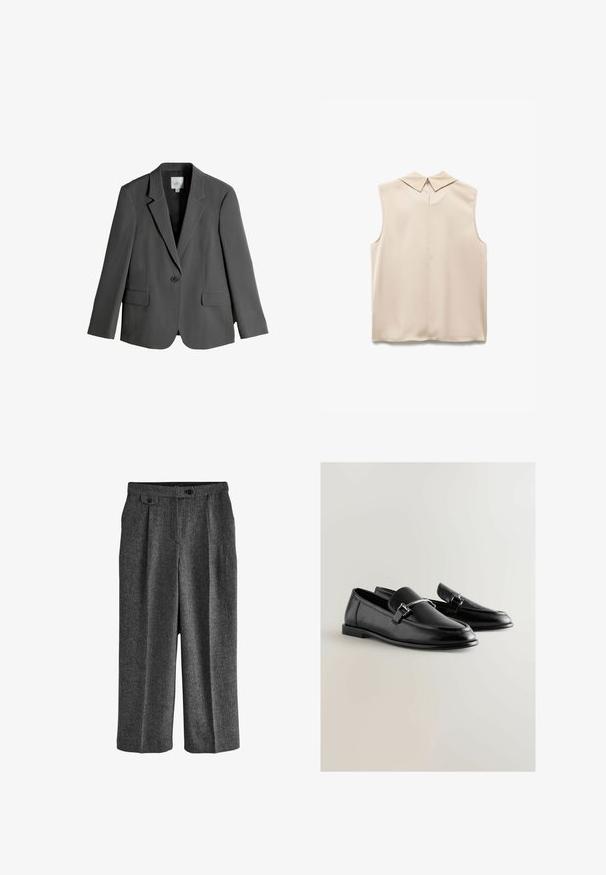Blazer gris avec revers crantés, fermeture à un bouton, et deux poches avant. Fabriqué en tissu lisse, présentant une silhouette ajustée.; Blouse sans manches beige avec un col pointu, en tissu lisse, et une ouverture en forme de trou de serrure à l'arrière. Design minimaliste et coupe ajustée.; Pantalons larges taille haute gris foncé avec un tissu texturé, des pattes latérales boutonnées, des plis à l'avant et un bouton de fermeture à la taille.; Mocassins en cuir noir avec une texture lisse, un bout arrondi et des détails en métal argenté sur le dessus. Semelles plates pour le confort.