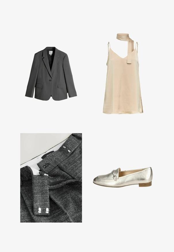 Blazer gris avec revers crantés, fermeture à un bouton, et deux poches avant. Fabriqué en tissu lisse, présentant une silhouette ajustée.; Robe beige sans manches avec fines bretelles réglables et un foulard assorti noué lâchement autour du cou.; Pantalons gris texturés avec fermeture à bouton, braguette zippée et crochets supplémentaires, présentant des accents argentés sur la ceinture et la doublure intérieure.; Loafers en argent métallisé avec une texture lisse, présentant un accent matériel décoratif et un petit talon en bois. Design classique.