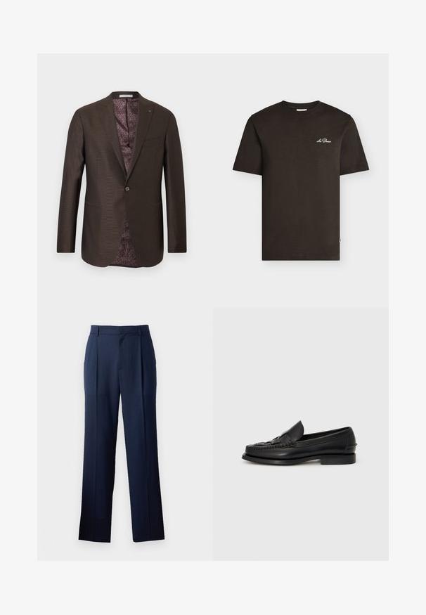 Blazer pour homme marron foncé à simple bouton avec un motif à carreaux subtil et une doublure intérieure à motif violet, orné d'une petite épingle "MK" sur le revers.; T-shirt noir à manches courtes avec petit logo blanc "Les Deux" sur la poitrine gauche, col rond, présenté sur un fond clair uni.; Pantalons bleu marine foncé en tissu lisse avec une coupe droite, présentant une texture subtile et deux plis avant. Pas de poches visibles.; Mocassin en cuir noir avec un détail tissé à l'avant, bout arrondi et petit talon. Texture lisse et design minimaliste.