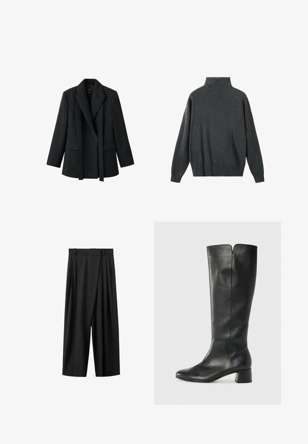 Sort blazer med en struktureret pasform, sjalskrave, åben front og to forlommer. Fremstillet i glat stof med en skræddersyet pasform.; Mørkegrå rullekrave sweater lavet af blødt stof, med en afslappet pasform, lange ærmer samt ribstrikkede manchetter og kant. Glat tekstur.; Sorte bukser med vide ben, høj talje, frontplisseringer, bæltestropper og skjult lukning foran.; Sorte læder knæhøje støvler med blokeret hæl, glat tekstur, minimalistisk design og en subtil V-udskæring øverst.