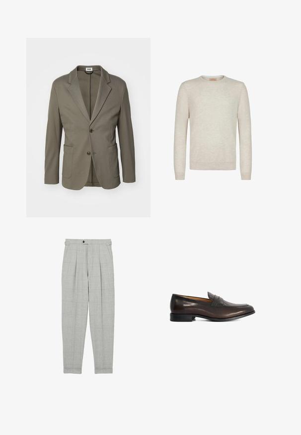 Leicht olivgrüner Blazer aus glattem Stoff; mit Reverskragen, zwei Fronttaschen und einer Zwei-Knopf-Verschluss.; Beiger Rundhalsausschnitt-Pullover aus weichem Strickstoff. Mit langen Ärmeln und gerippten Bündchen und Saum. Minimalistisches Design mit glatter Oberfläche.; Helle graue, plissierte Hosen mit Karomuster, aus strukturiertem Stoff. Mit Knopfverschluss und umgeschlagenen Knöcheln.; Dunkelbrauner Lederschuh für Herren (Penny Loafer) mit niedrigem Absatz und dekorativem Riemendetail auf schlichtem weißen Hintergrund.