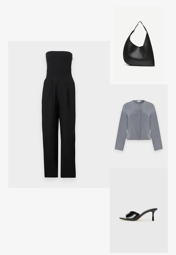 Grijze cropped jas met een ronde halslijn, zes knopen aan de voorkant, lange mouwen en een gladde stofstructuur.; Zwarte strapless jumpsuit met nauwsluitend lijfje en wijde pijpen, gepresenteerd op een witte achtergrond.; Zwarte leren hoge hakken mules met een open teen ontwerp en een brede, gebogen bovenband. Gladde textuur en gestroomlijnde silhouette.; Zwarte leren schoudertas met gebogen driehoekige vorm, enkele verstelbare riem en zichtbare diagonale naad aan de voorkant.