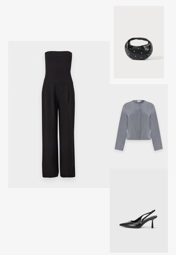 Veste grise courte avec un col rond, fermeture à six boutons à l'avant, manches longues et texture de tissu lisse.; Combinaison noire sans bretelles avec un corsage côtelé ajusté et un pantalon tailleur à jambes larges.; Chaussure à talon haut en cuir noir, à bride arrière, avec un bout pointu et un talon fin sur fond blanc.; Sac à main en cuir noir de forme arrondie, décoré de clous argentés et équipé d'une poignée courte. Texture lisse et fermeture éclair.