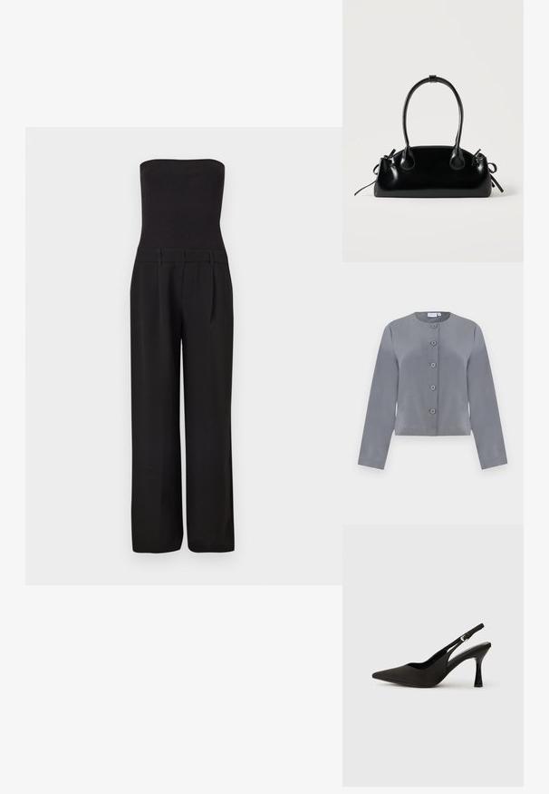 Grijze cropped jas met een ronde halslijn, zes knopen aan de voorkant, lange mouwen en een gladde stofstructuur.; Zwarte strapless jumpsuit met een aansluitend geribd lijfje en brede, op maat gemaakte broekspijpen.; Zwarte slingback hakken met een spitse neus, een gladde matte afwerking en een slanke, glanzende hak. Verstelbare band met een klein gespdetail.; Kleine zwarte glanzende handtas met twee lange hengsels en zijkant trekkoord details op een effen lichte achtergrond.