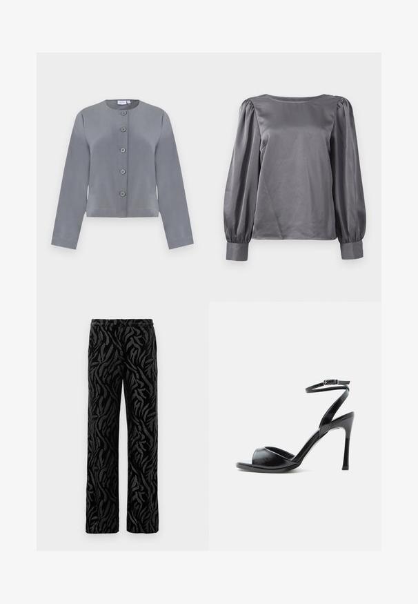 Graue, kurze Jacke mit rundem Ausschnitt, sechs Knopfverschluss, langen Ärmeln und glatter Stoffoberfläche.; Graue Satinbluse mit rundem Ausschnitt, langen Puffärmeln und taillierten Manschetten. Glatte Textur, leicht glänzende Oberfläche.; Schwarze Hose mit einem strukturierten, wirbelnden Muster. Aus weichem Material mit geradem Schnitt und elastischem Bund für besonderen Komfort.; Schwarze Sandalette mit hohem Absatz, offenem Zehenbereich, schlankem Stiletto-Absatz und Knöchelriemen mit Schnalle vor weißem Hintergrund.
