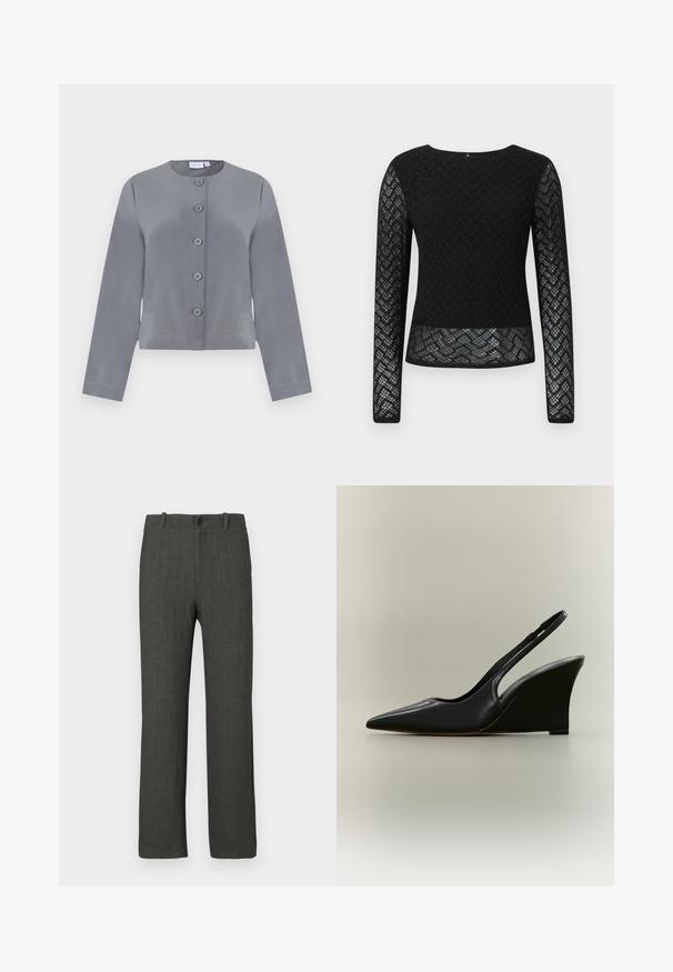 Veste grise courte avec un col rond, fermeture à six boutons à l'avant, manches longues et texture de tissu lisse.; Haut noir à manches longues en dentelle avec un motif en zigzag. Présente un col rond et un design transparent sur les manches et l'ourlet.; Pantalon gris à texture lisse, coupe droite, avec un motif à carreaux discret. Il présente une fermeture à bouton et des passants pour ceinture.; Chaussure slingback en cuir noir avec bout pointu et talon compensé haut sur fond neutre.