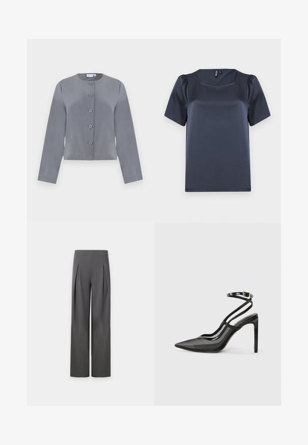 Graue, kurze Jacke mit rundem Ausschnitt, sechs Knopfverschluss, langen Ärmeln und glatter Stoffoberfläche.; Marineblaues kurzärmeliges Oberteil aus glattem Satinstoff. Verfügt über einen quadratischen Ausschnitt und aufgebauschte Ärmel, mit geradem Schnitt und ohne sichtbare Muster.; Dunkelgraue, hoch taillierte, weit geschnittene Hose mit vorderen Falten, die sich vom Bund bis zur Mitte des Oberschenkels auf neutralem Hintergrund erstrecken.; Schwarze High Heels mit spitzer Zehe, Kombination aus Netz- und Lackleder, Knöchelriemen mit Schnallen-Detail, eleganter Schnitt.