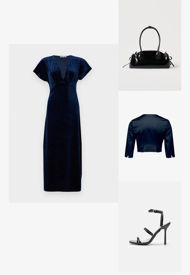 Dunkel marineblaue, kurz geschnittene Jacke mit langen Ärmeln, von hinten auf weißem Hintergrund gezeigt.; Navyblaue Samt-Maxi-Kleid mit tiefem V-Ausschnitt und kurzen Volantsämlen. Glatte Textur mit tailliertem Schnitt und seitlichen Schlitzen.; Schwarze Lackleder-High-Heel-Sandalen mit drei horizontalen Riemen und einem verstellbaren Knöchelriemen. Schlanke Silhouette und glänzende Oberfläche.; Kleine schwarze glänzende Handtasche mit zwei langen Griffen und seitlichen Kordelzug-Details vor einfachem hellem Hintergrund.
