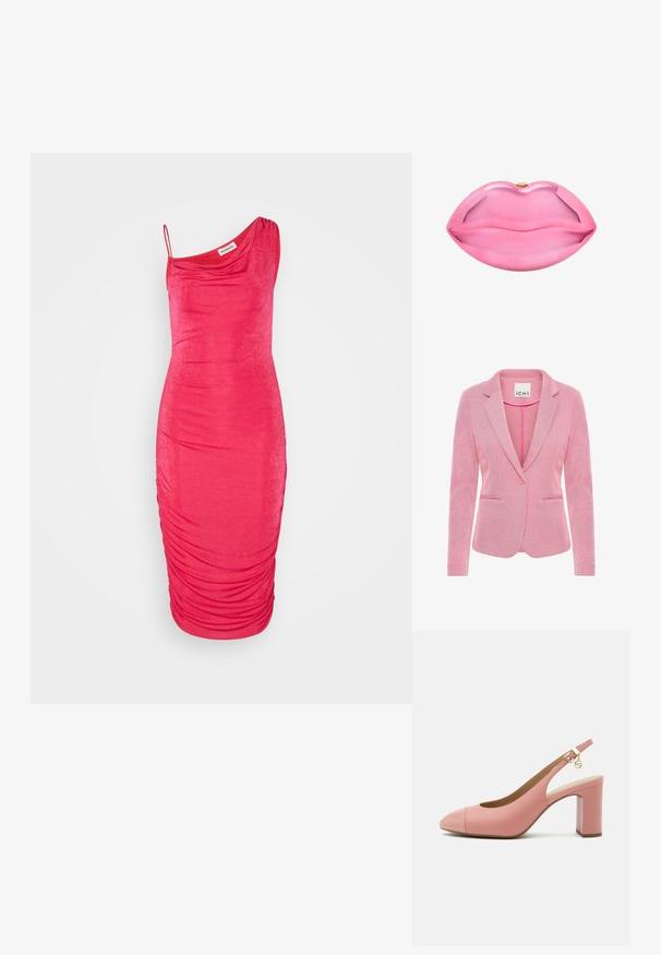 Rosa Blazer mit aufgesetztem Revers, Ein-Knopf-Verschluss, zwei vorderen Taschen und einem strukturierten Stoff. Etikett trägt die Aufschrift "ICHI."; Even&Odd by Zalando Jerseykleid - pink; Pinkfarbener Leder Slingback-Pump mit Blockabsatz, spitz zulaufender Spitze, Knöchelriemen mit goldener Schnalle und kleinem hängenden Anhänger.; Rosa Acryl-Clutch in Lippenform mit glatter Oberfläche und subtiler Detailierung der Lippenlinien. Verfügt über einen kleinen goldenen Verschluss an der Oberseite.
