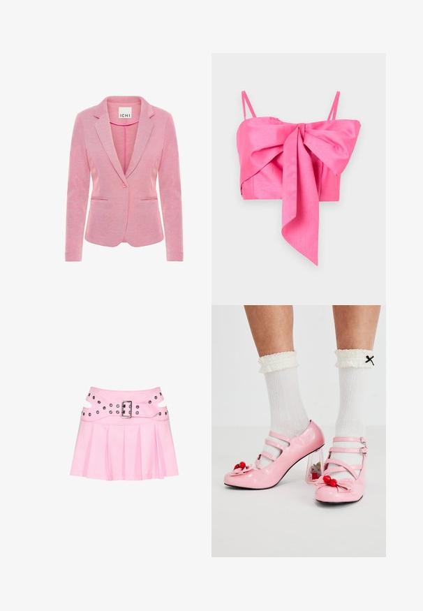 Blazer rose avec un revers cranté, fermeture à un bouton, deux poches avant et un tissu texturé. Étiquette indiquant "ICHI."; Top court rose avec un détail en nœud à l'avant, fabriqué dans un tissu lisse avec de fines bretelles et une silhouette élégante.; Mini-jupe plissée rose avec large ceinture double couche, boucle argentée et plusieurs œillets pour fixation et décoration.; Talons hauts en cuir verni rose avec un bout arrondi, trois brides et des embellissements en cerise. Le talon bloc transparent présente des accents floraux. Chaussettes blanches à côtes.