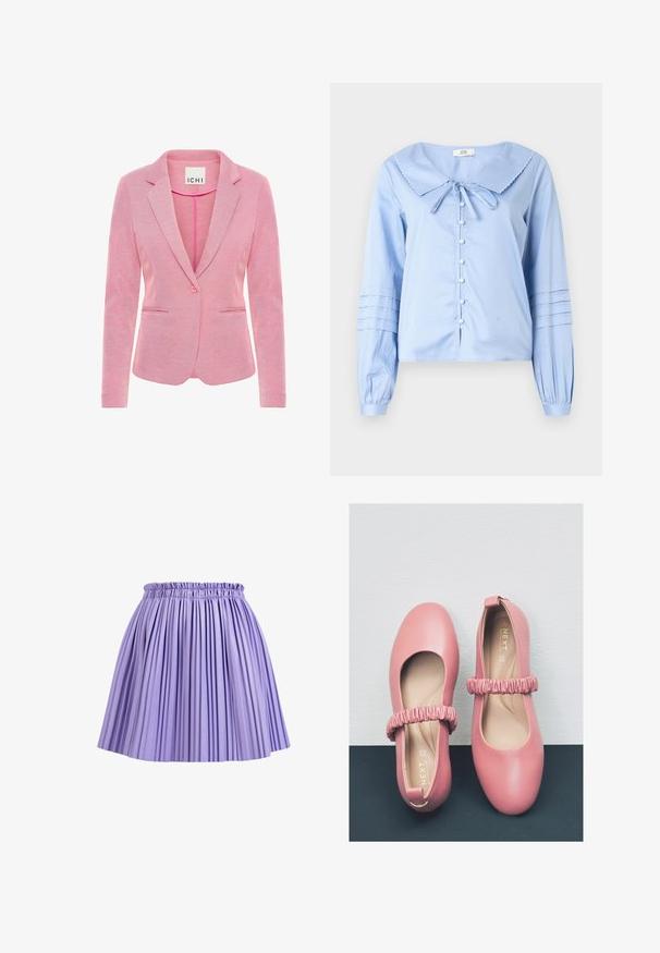 Blazer rosa con solapa de muesca, cierre de un solo botón, dos bolsillos delanteros y una tela texturizada. La etiqueta dice "ICHI."; Blusa de manga larga azul claro con un gran cuello con borde ondulado, cierre de botones al frente y mangas fruncidas con detalles de pliegues.; Falda de púrpura con pliegues y una cinturilla elástica, hecha de una tela suave, con pliegues verticales y de longitud corta.; Bailarinas de cuero rosa con punta redondeada, que cuentan con una correa plisada a lo largo del empeine y un forro interior suave.