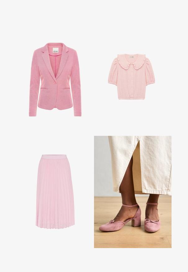 Lyserød blazer med en notch lapel, enkelt knaplukning, to frontlommer og et tekstureret stof. Mærket siger "ICHI."; Lyserød kortærmet bluse med flæset Peter Pan-krave, knaplukning foran, puffede ærmer og elastisk kant.; Plisseret midi-skirt i lyserød, med en bred elastisk talje og en glat tekstur. Plisseringerne strækker sig fra taljen til kanten.; Lyserøde ruskinds-sko med blokhæle og rund tå, der har en dekorativ sløjfe foran og en ankelstrop. Båret med en let nederdel.