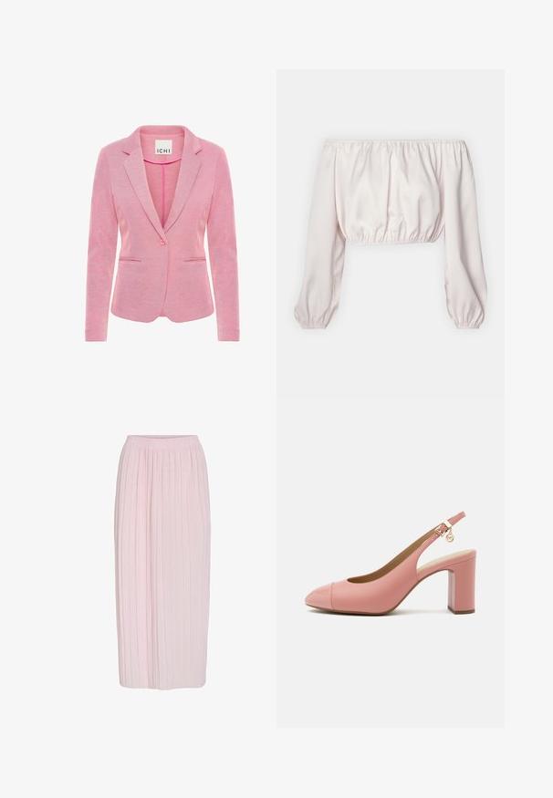 Blazer rose avec un revers cranté, fermeture à un bouton, deux poches avant et un tissu texturé. Étiquette indiquant "ICHI."; Top court à épaules dénudées en satin rose doux, présentant des manches longues bouffantes et des poignets élastiques, avec un corsage froncé pour une silhouette définie.; Jupe plissée rose pâle avec une taille décontractée et une silhouette longue et fluide. Texture lisse avec de fines rayures pour un détail supplémentaire.; Escarpin slingback en cuir rose avec talon bloc, bout pointu, bride cheville avec boucle dorée et petit pendentif suspendu.