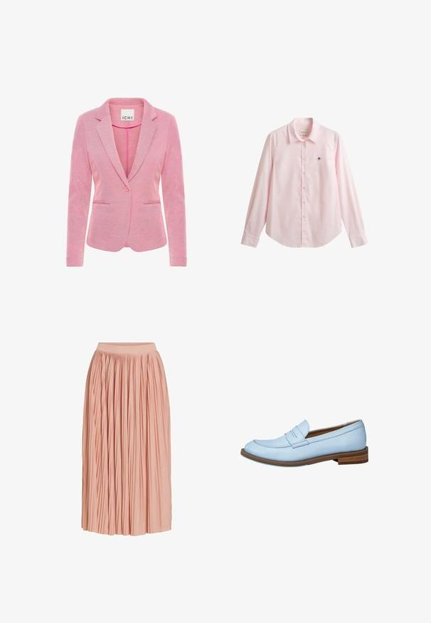 Rosa Blazer mit aufgesetztem Revers, Ein-Knopf-Verschluss, zwei vorderen Taschen und einem strukturierten Stoff. Etikett trägt die Aufschrift "ICHI."; Hellrosa langärmeliges Hemd mit Knöpfen, Kragen und kleinem gesticktem Logo auf der linken Brust.; Hellrosa plissierter Midirock mit weitem Bund, aus leichtem Stoff, vor weißem Hintergrund dargestellt.; Lloyd MODERNER - Slipper - blau