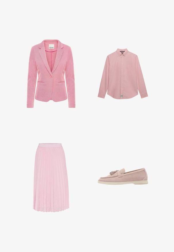 Blazer rosa con solapa de muesca, cierre de un solo botón, dos bolsillos delanteros y una tela texturizada. La etiqueta dice "ICHI."; Camisa rosa claro de manga larga con botones, cuello y etiqueta cerca del dobladillo, extendida sobre un fondo blanco.; Falda midi plisada en rosa claro, con una amplia cinturilla elástica y una textura suave. Los plisados se extienden desde la cintura hasta el dobladillo.; Zapato de ante rosa claro tipo deslizante con puntera redondeada y acento de borlas. Presenta una textura suave y una suela de goma beige.