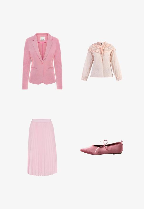 Blazer rosa con solapa de muesca, cierre de un solo botón, dos bolsillos delanteros y una tela texturizada. La etiqueta dice "ICHI."; Blusa de un rosa claro con tejido texturizado, que presenta un cuello y puños con volantes, mangas largas y un detalle atado en el frente. Patrón de lunares.; Falda midi plisada en rosa claro, con una amplia cinturilla elástica y una textura suave. Los plisados se extienden desde la cintura hasta el dobladillo.; Bailarina de terciopelo rosa con puntera puntiaguda, suela fina y lazo atado en la parte superior.