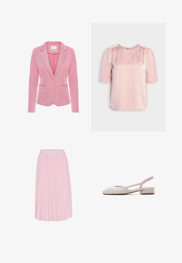 Rosa Blazer mit aufgesetztem Revers, Ein-Knopf-Verschluss, zwei vorderen Taschen und einem strukturierten Stoff. Etikett trägt die Aufschrift "ICHI."; ONLY ONLESTA - Bluse - rose smoke; Faltenrock in Hellrosa, mit breitem elastischem Bund und glatter Textur. Die Falten erstrecken sich von der Taille bis zum Saum.; Damen-Slingback-Schuh mit niedrigem Absatz in Hellrosa, gewebter Struktur, spitzer Zehenpartie und kleinem Blockabsatz.