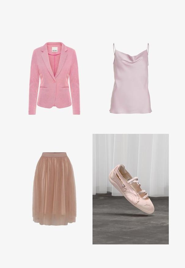 Blazer rose avec un revers cranté, fermeture à un bouton, deux poches avant et un tissu texturé. Étiquette indiquant "ICHI."; Camisole en satin rose avec des bretelles ajustables, un col en cowl et une texture lisse. Présente une coupe légèrement ample et des fentes sur les côtés.; Jupe en tulle de couleur nude douce avec une taille élastique ajustée, comprenant des couches de tissu léger et transparent, au toucher lisse.; Ballerine rose pâle avec trois brides élastiques, bord festonné et semelle en caoutchouc, suspendue au-dessus d'un sol en béton avec des rideaux blancs en arrière-plan.