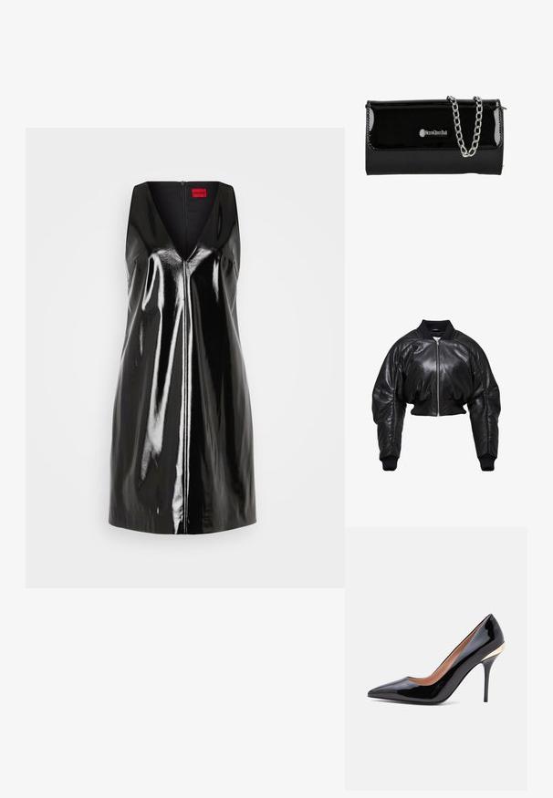 Chaqueta bomber de cuero negro recortada con puños y cuello de punto acanalado, que presenta un cierre frontal de cremallera y dos bolsillos laterales.; Vestido negro sin mangas con escote en V y acabado brillante y reflectante; presenta una cremallera central y un diseño minimalista.; Zapato de tacón alto de piel charol negra con punta en pico, tacón de aguja fino y un detalle dorado cerca de la contrafuerte del talón.; Clutch de charol negro con una cadena plateada, que presenta un cierre de solapa y un detalle de logo en la parte frontal. Forma rectangular.