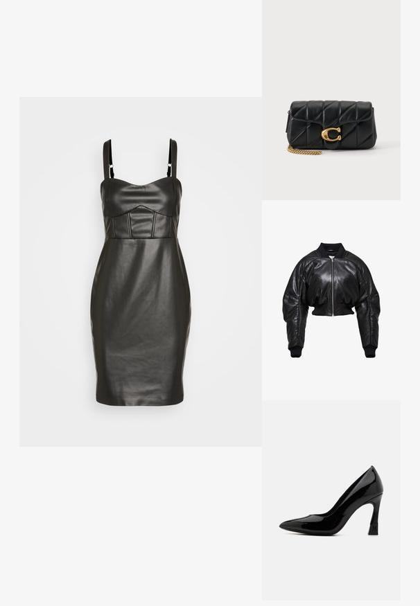 Chaqueta bomber de cuero negro recortada con puños y cuello de punto acanalado, que presenta un cierre frontal de cremallera y dos bolsillos laterales.; Vestido de cuero sintético negro con una silueta ajustada, tirantes finos y un corsé estructurado y acolchado que presenta costuras verticales. Textura suave.; Zapato de tacón alto de charol negro con punta afilada y tacón cuadrado que presenta un acento de logo. Textura de superficie suave y brillante.; Clutch de piel negra acolchada con cadena metálica dorada y gran cierre con logo "C" dorado en la solapa frontal.