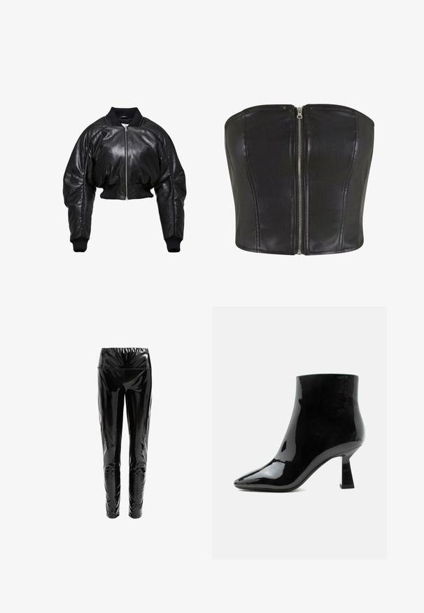 Chaqueta bomber de cuero negro recortada con puños y cuello de punto acanalado, que presenta un cierre frontal de cremallera y dos bolsillos laterales.; Top de corsé de cuero negro con un ajuste estructurado. Presenta una cremallera central de plata y detalles de costura a lo largo del cuerpo. Textura suave.; Pantalones negros de cintura alta hechos de un material brillante y reflectante con una textura suave; diseño ajustado que se estrecha en los tobillos.; Botín negro de charol brillante con punta puntiaguda y tacón medio acampanado sobre fondo blanco.