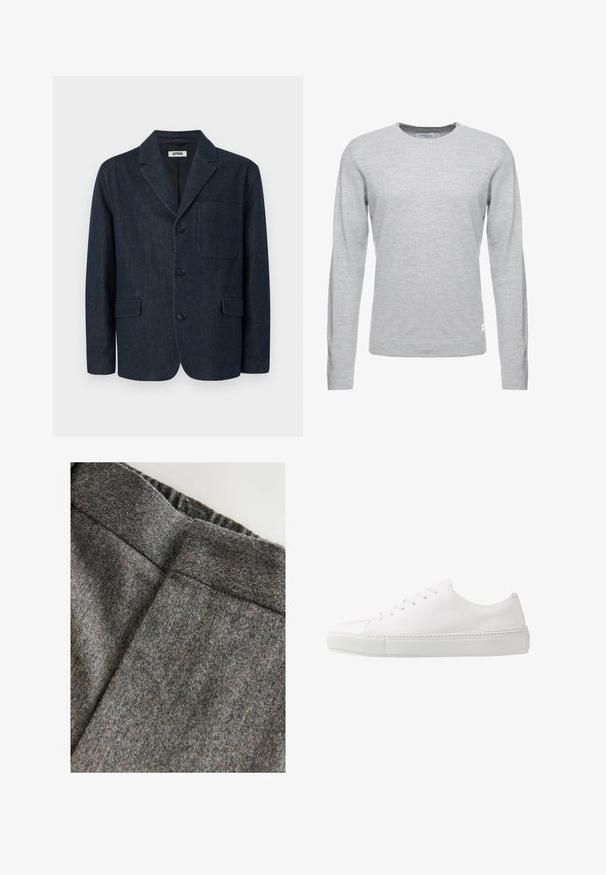 Mørkeblå skræddersyet blazer med tre knapper, notch revers, brystlomme og to forlommer med klap, vist på en hvid baggrund.; Lys grå sweater, lange ærmer, rund hals, blød tekstur, minimalistisk design, lille logomærke på den nederste venstre søm.; Grå uldblandingsbukser med en glat tekstur, der har en bred talje og en ren, klassisk pasform. Subtile farveprikker er til stede.; Hvide lædersneakers med en glat finish, rund tå og seks øjer til snørebånd. Har en tekstureret gummisål og et minimalisk design.