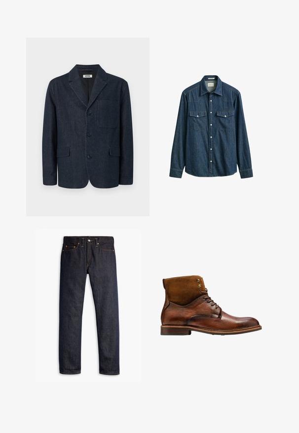 Donkerblauwe op maat gemaakte blazer met drie knopen, notch-revers, borstzak en twee voorzakken met klep, afgebeeld op een witte achtergrond.; Donkerblauw denimsoverhemd met lange mouwen, drukknoopsluiting, twee borstzakken met kleppen en een puntkraag.; Donkerblauwe spijkerbroek met een rechte pasvorm, vijf zakken, koperen klinknagels, gele stiksels en een duidelijke textuur in de stof.; Kazar ALID - Veterboots - brown