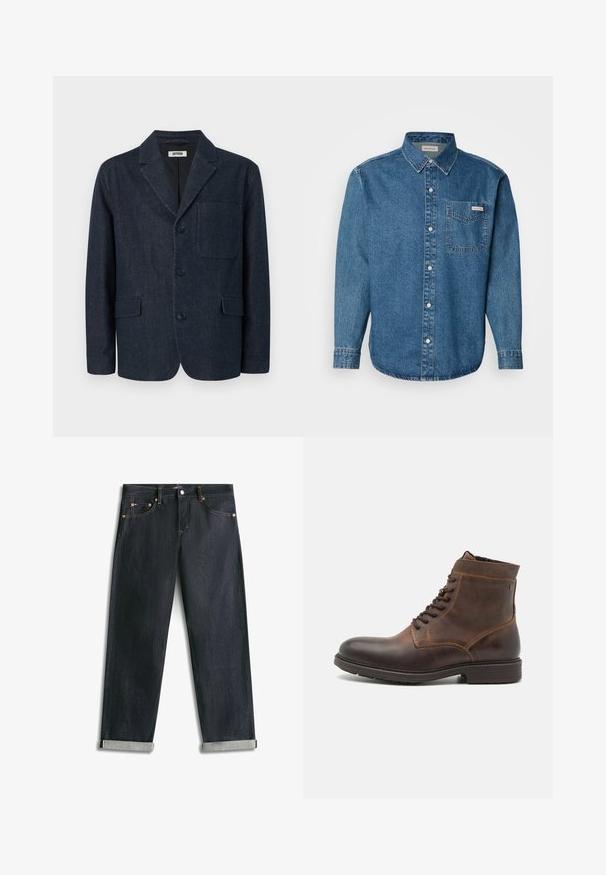 Mørkeblå skræddersyet blazer med tre knapper, notch revers, brystlomme og to forlommer med klap, vist på en hvid baggrund.; Blå denim langærmet skjorte med button-down krave, brystlomme og kontraststing. Stofstrukturen er glat med en afslappet stil.; Mørkeblå denimjeans med opsmøgede bukseben, fem lommer og kontrastsyning, lagt fladt på en hvid baggrund.; Jack & Jones JFWDELANEY BOOT - Snørestøvletter - cognac