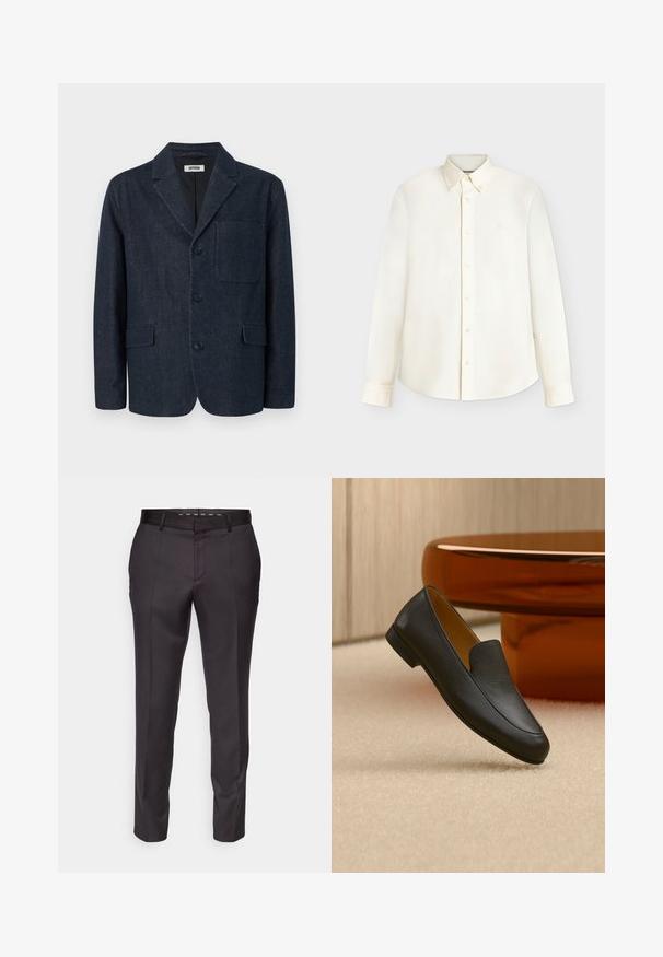 Donkerblauwe op maat gemaakte blazer met drie knopen, notch-revers, borstzak en twee voorzakken met klep, afgebeeld op een witte achtergrond.; Crèmekleurig overhemd met lange mouwen, knopen en een button-down kraag, met een klein geborduurd logo op de linkerborst.; Maatwerk zwarte broeken met een gladde textuur, gestructureerd ontwerp en voorplooien. Heeft een rechte pijp en een aansluitende tailleband.; Zwarte leren loafer die rust op een beige tapijt met een glanzende bruine ronde tafel op de achtergrond.