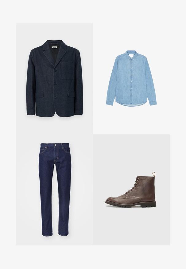Dunkelblauer, maßgeschneiderter Blazer mit drei Knöpfen, rechtem Revers, Brusttasche und zwei vorderen Pattentaschen, dargestellt auf weißem Hintergrund.; Hellblaues Denim-Hemd mit Knöpfen, langen Ärmeln, spitzem Kragen und abgerundetem Saum. Verfügt über eine vordere Knopfverschlussleiste und ein kleines Logodetail.; Marineblaue Denim-Jeans mit geradem Schnitt, fünf Taschen, kontrastierendem orangenem Nahtdesign und einem silbernen Knopfverschluss an der Taille.; Hackett London SLOANE APRON - Schnürstiefelette - dark mocca brown