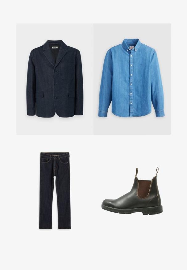 Donkerblauwe op maat gemaakte blazer met drie knopen, notch-revers, borstzak en twee voorzakken met klep, afgebeeld op een witte achtergrond.; Lichtblauw denim overhemd met lange mouwen, button-down kraag en witte knopen. Heeft een klein geborduurd logo op de borst.; Donkerblauwe recht gesneden denim jeans met voorkruiken, riemlussen en contrasterende oranje stiksels, plat gelegd op een witte achtergrond.; Chelsea-boots van glad zwart leer met bruine elastische zijpanelen, contrasterende stiksels en een gestructureerde rubberen zool.